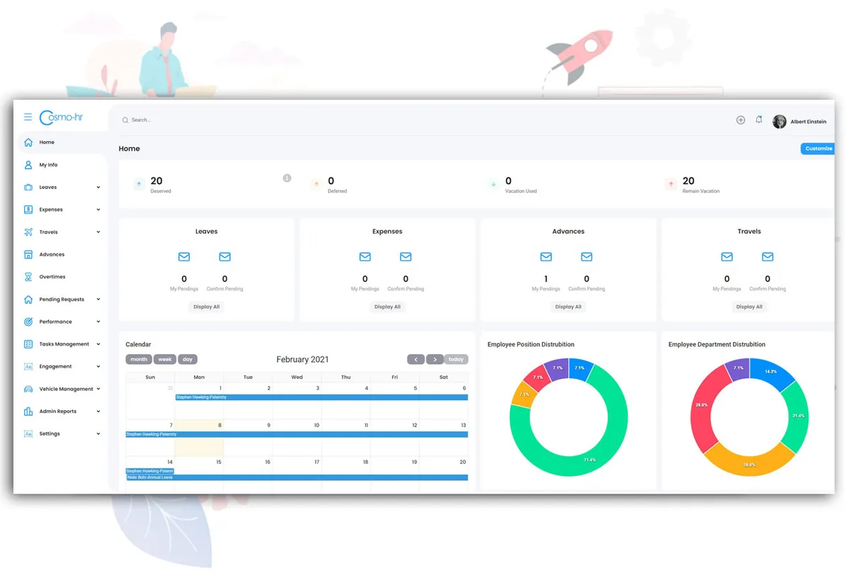 Cosmo-HR application dashboard showing leave management, expenses, and analytics